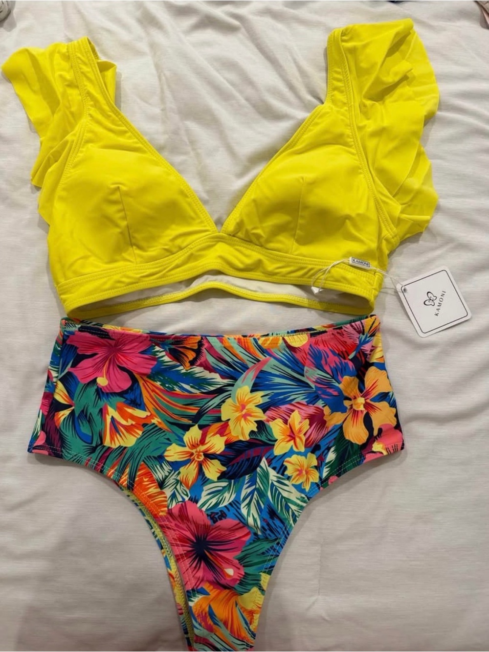 Yellow Ruffle Bikini Top with Tropical High-Waist Bottoms
